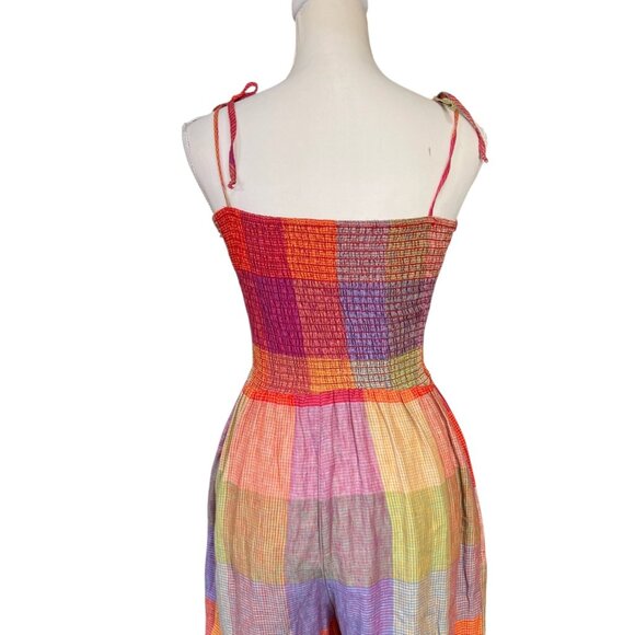 Anthropologie dRA Los Angeles Smocked Madras Plaid 100% Linen Jumpsuit Size Med - Picture 4 of 9